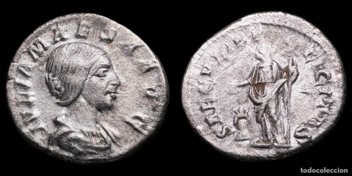 Monedas Imperio romano: Julia Maesa Denarius - SAECVLI FELICITAS, 17 mm / 3,17 gr.