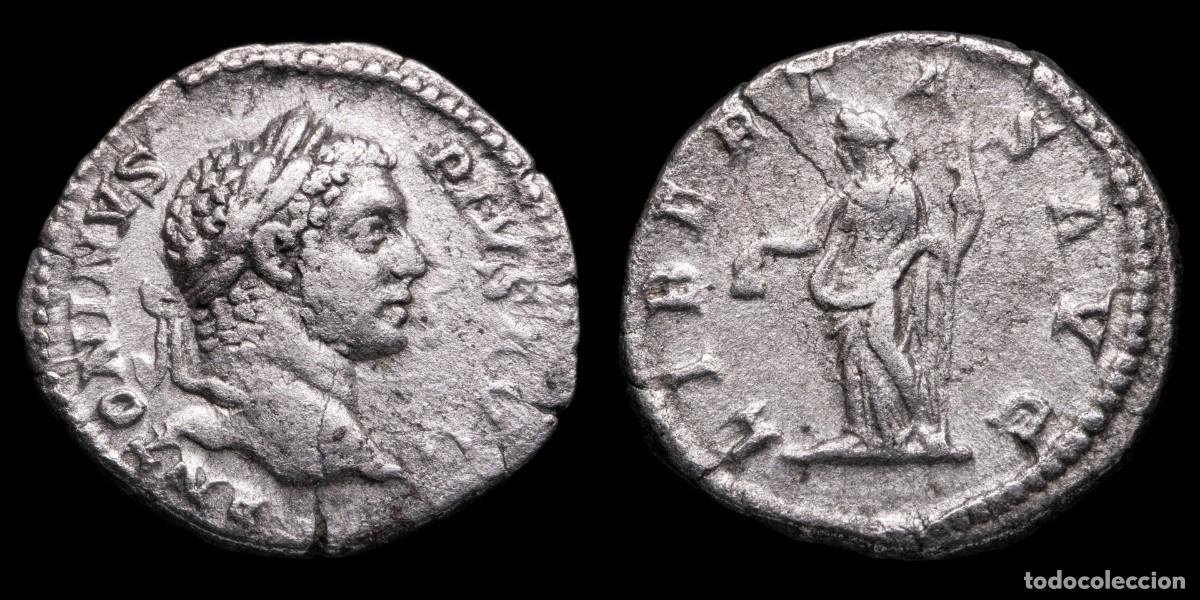 Monedas Imperio romano: Caracalla Denarius - LIBERTAS AVG - 17 mm / 3,55 gr.