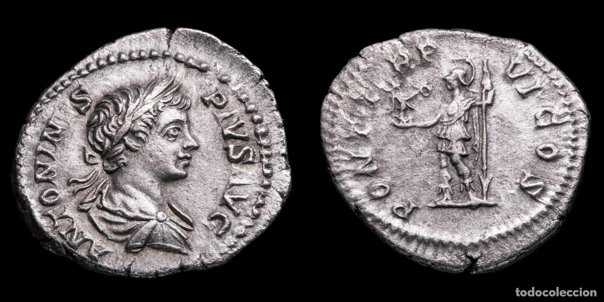 Monedas Imperio romano: Caracalla Denarius - PONTIF TR P VI COS - 17 mm / 2,95 gr.
