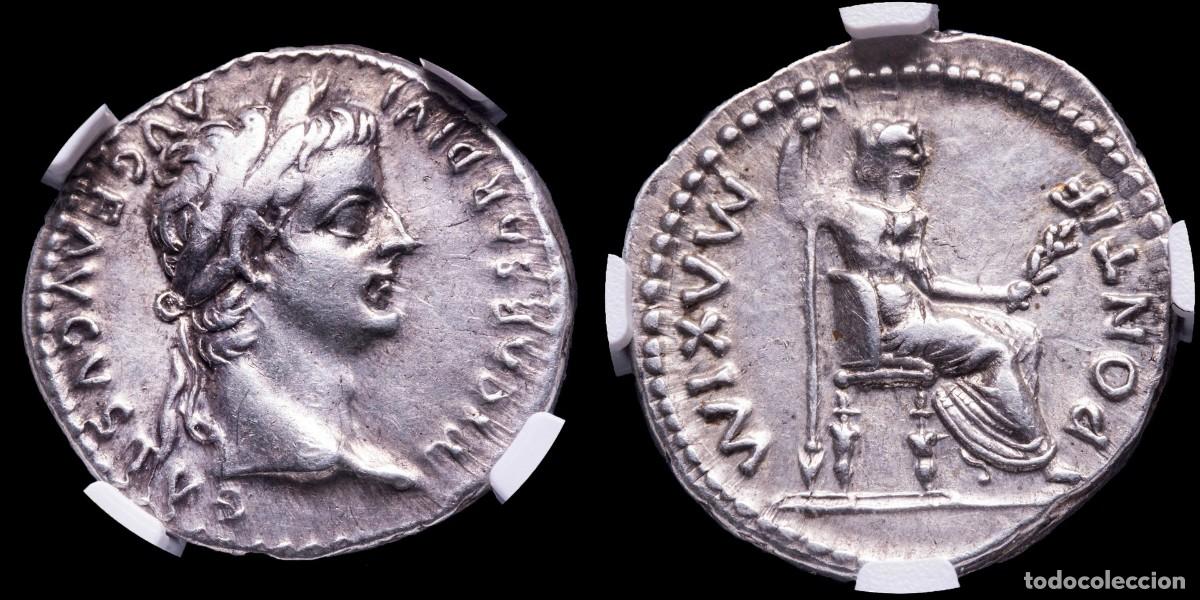 Monedas Imperio romano: Tiberius Denarius - PONTIF MAXIM, Lugdunum (encapsulated NGC) - 3,77 gr.