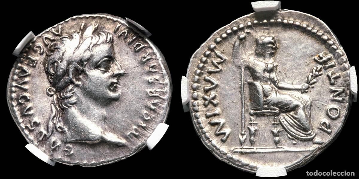Monedas Imperio romano: Tiberius Denarius - PONTIF MAXIM, Lugdunum (encapsulated NGC) - 3,77 gr.