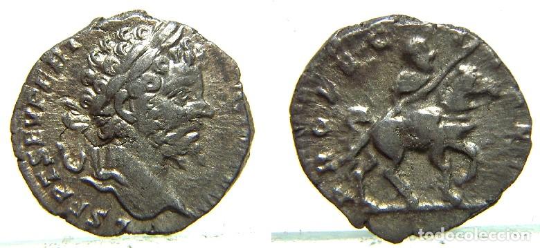 Monedas Imperio romano: Denario de plata de Septimio Severo , reverso Septimio a caballo peso 1,90 gr.
