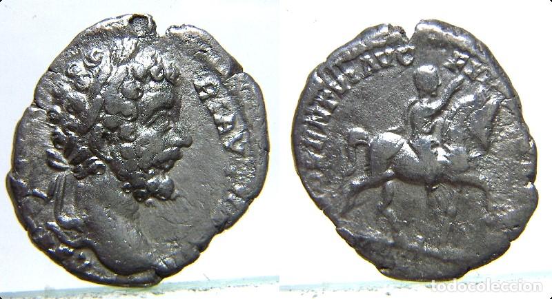 Moedas Imp&eacute;rio Romano: Denario de plata de Septimio Severo , reverso Septimio a caballo peso 2 gr.