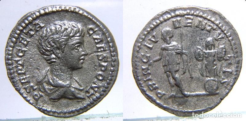 Monedas Imperio romano: Denario de plata de Geta reverso PRINC IUVENTIS ,pesa 2,90 gr.