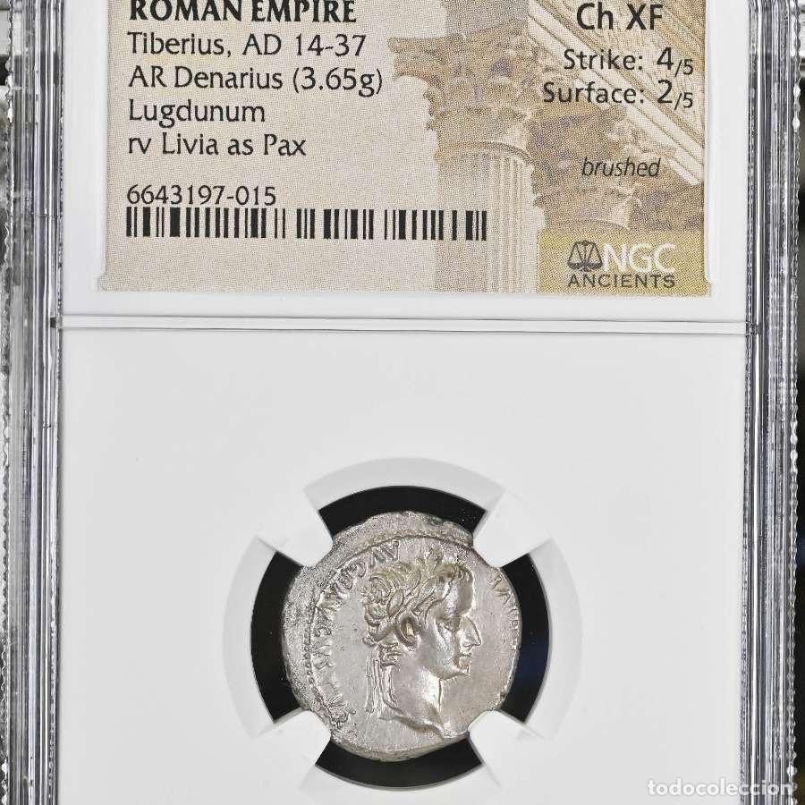 Monedas Imperio romano: Tiberio, denario del tributo. Lugdunum 14-37 d.C. PONTIF MAXIM*****