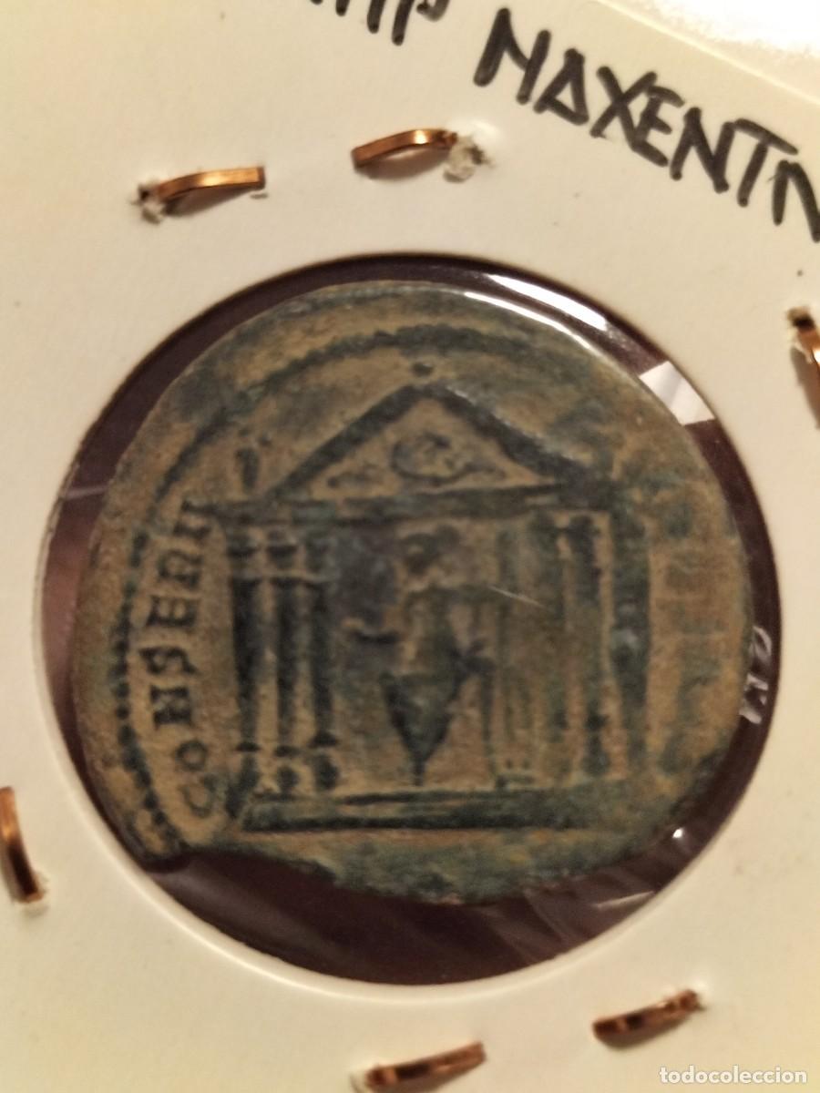 Monedas Imperio romano: Follis del emperador MAJENCIO 307-12 dC Templo en reverso
