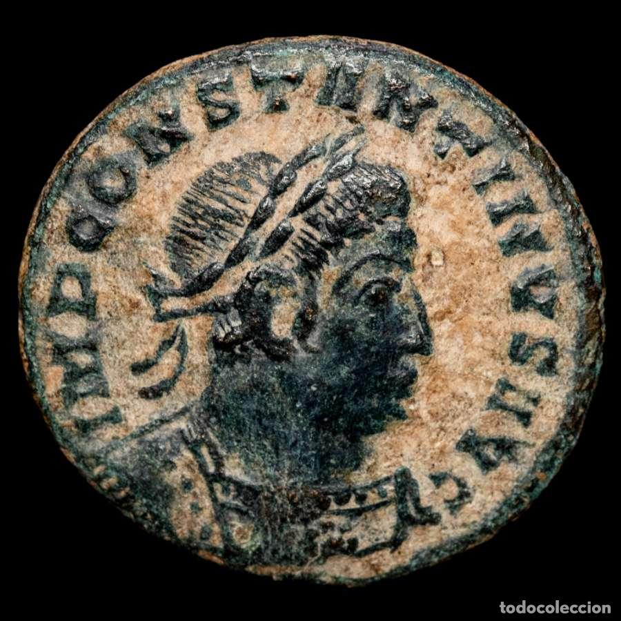 Monedas Imperio romano: Constantino I, follis. Lugdunum. SOLI INVICTO COMITI/ TF - */PLC.