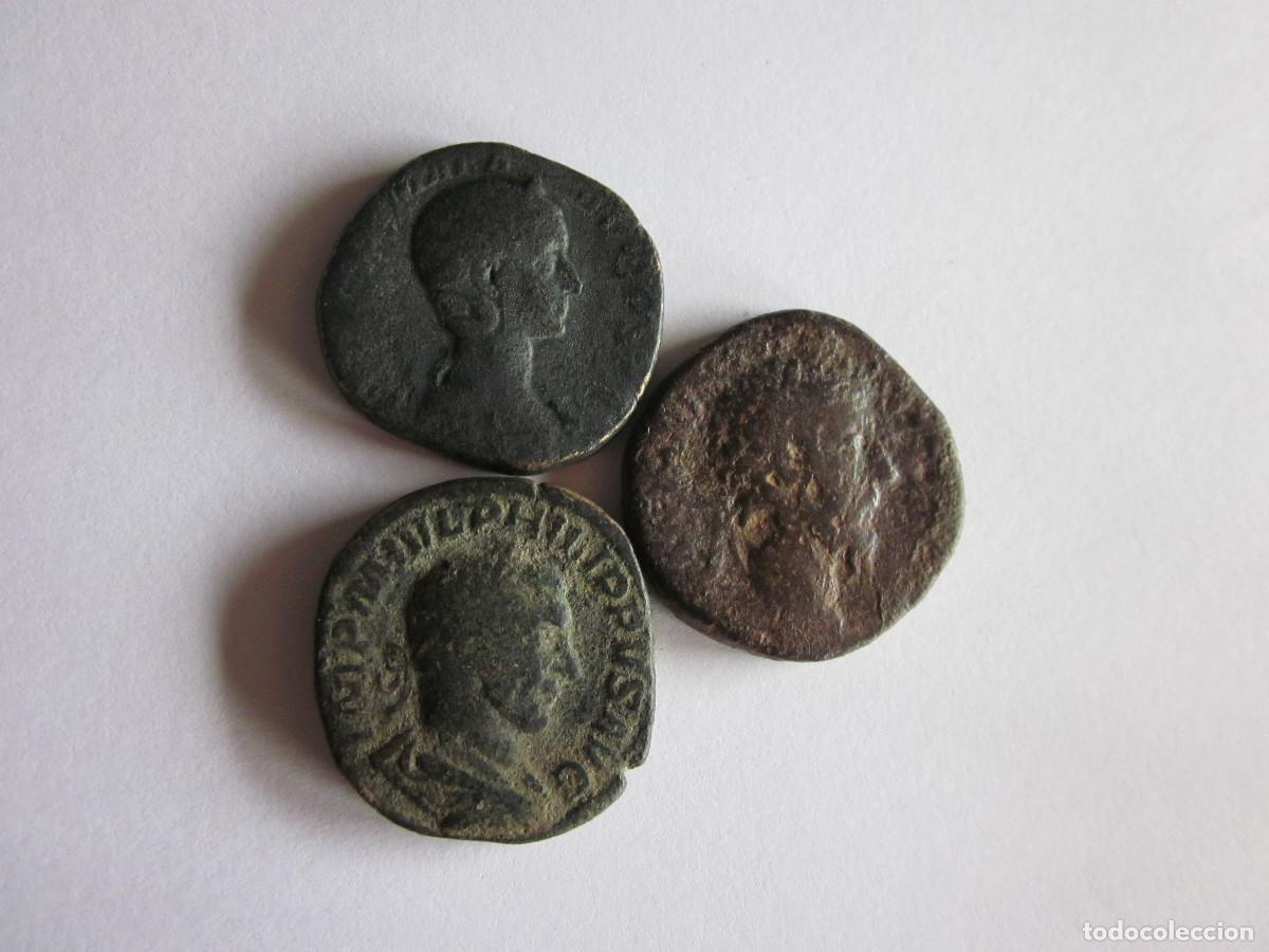 Monedas Imperio romano: 3 Sestercios. Marco Aurelio, Julia Mamaea y Filipo I.