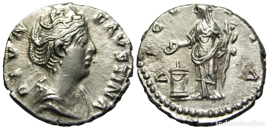 Monedas Imperio romano: Diva Faustina I AR Denarius (141 AD), Vesta - Foto 3