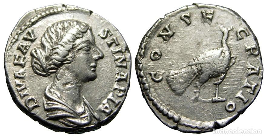Monedas Imperio romano: Faustina II AR Denario (161-175 dC), pavo real