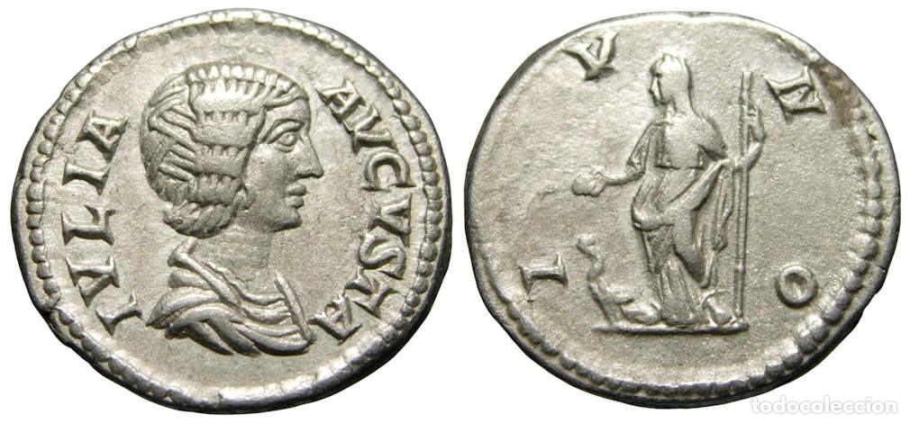 Monedas Imperio romano: Julia Domna AR Denarius (209 dC), Juno - Foto 3