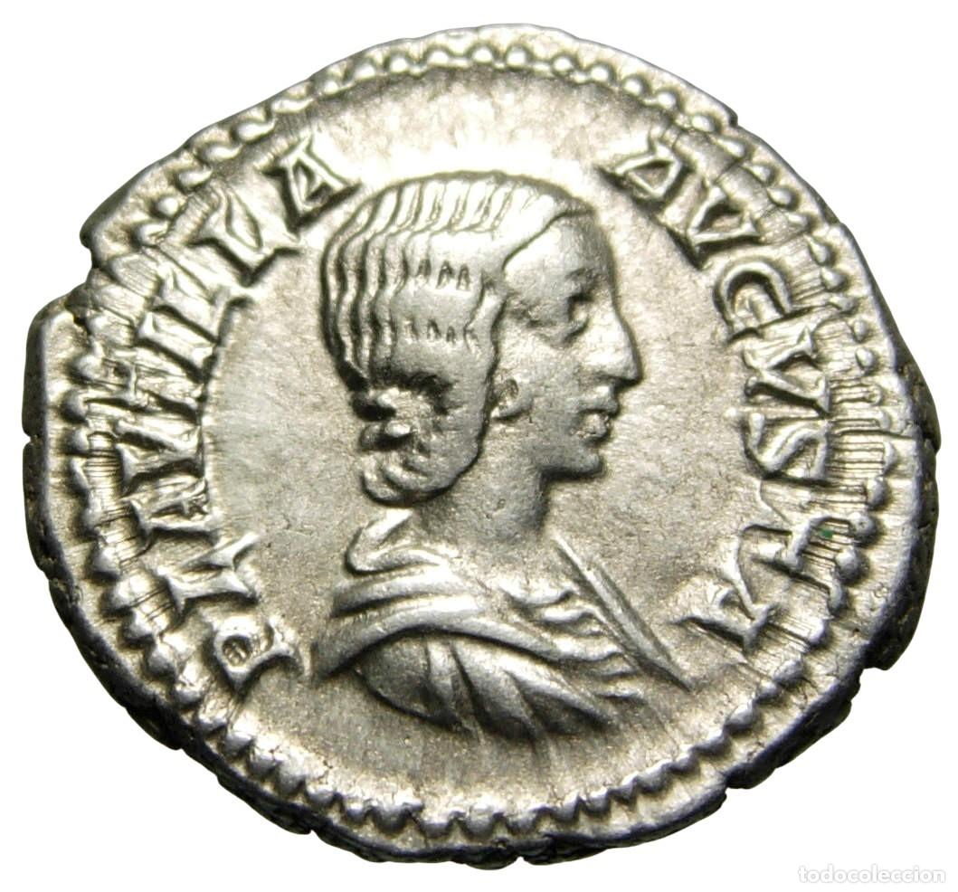 Monedas Imperio romano: Plautilla esposa de Caracalla AR Denario (204 dC), Venus y Cupido