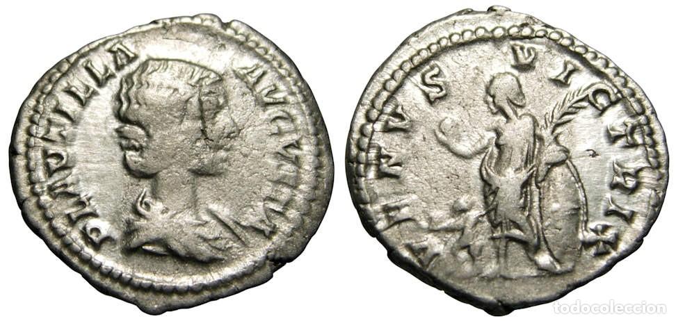 Monedas Imperio romano: Plautilla esposa de Caracalla AR Denario (204 dC) Venus y Cupido