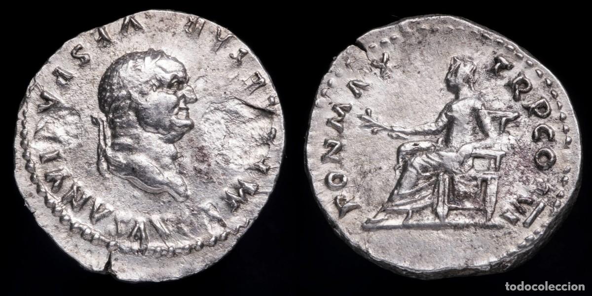 Monedas Imperio romano: Vespasian Denarius - PON MAX TR P COS VI - 19 mm / 3,28 gr.