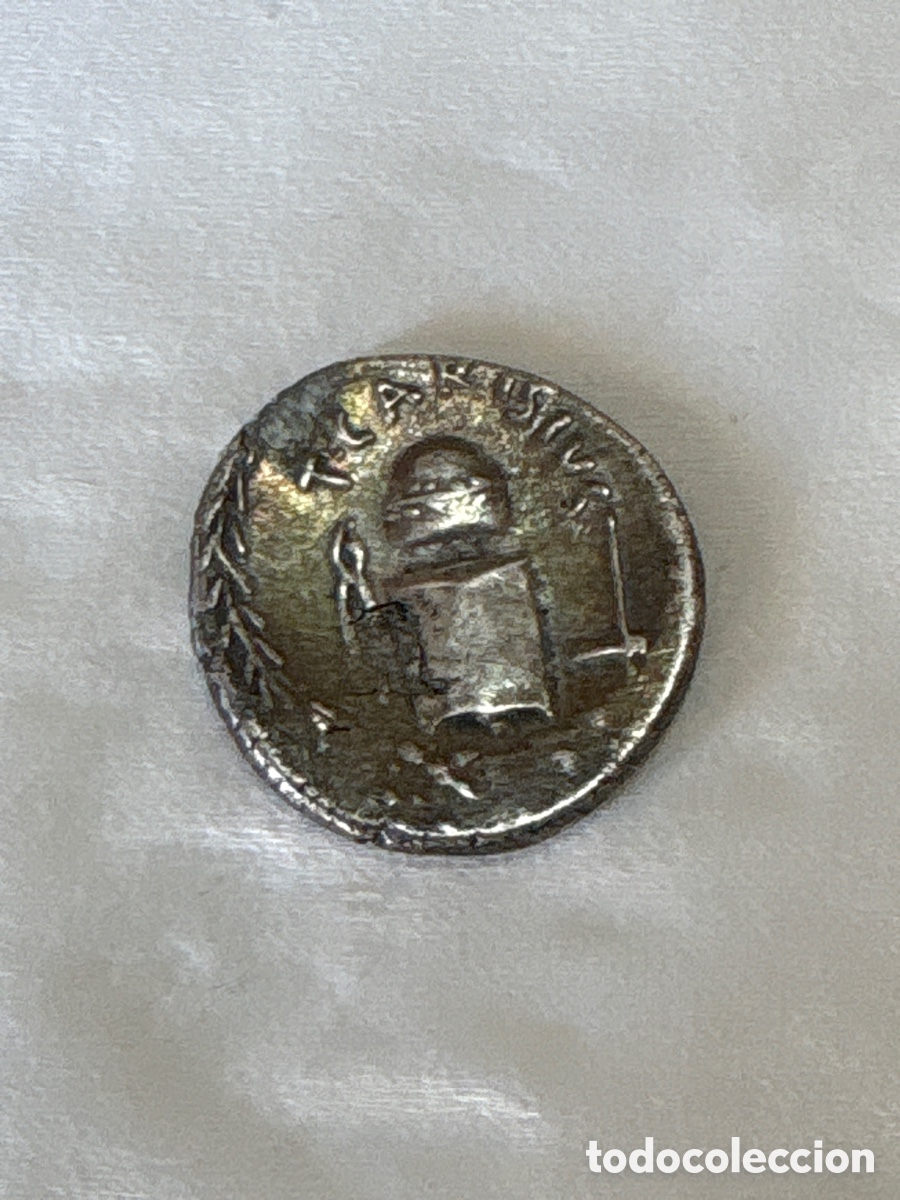Monedas Imperio romano: Antiguo denario de plata,TITUS CARISIUS 46 A.C.,ver fotos*ORIGINAL*