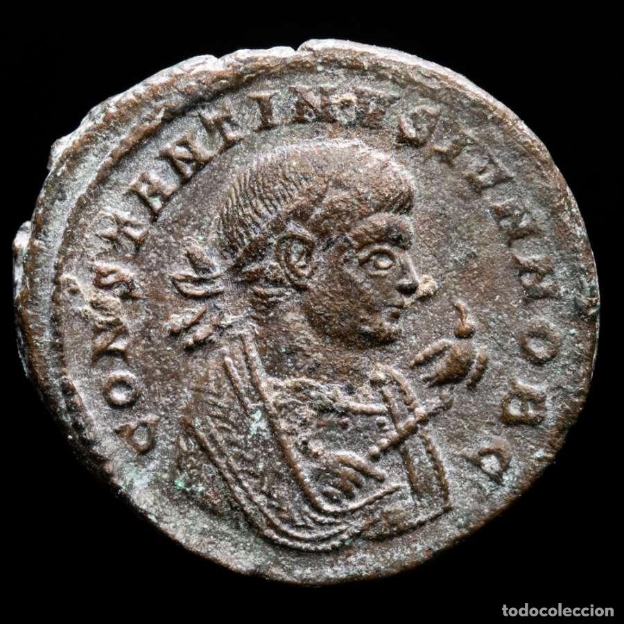 Monedas Imperio romano: Constantino II follis de bronce. Treveri. BEATA TRANQVILLITAS Altar