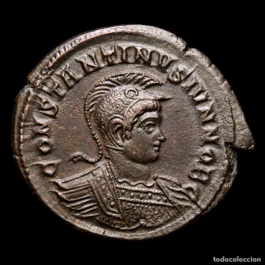 Monedas Imperio romano: Raro Busto Constantino II, follis Trier BEATA TRANQVILLITAS / &bull;PTR◡