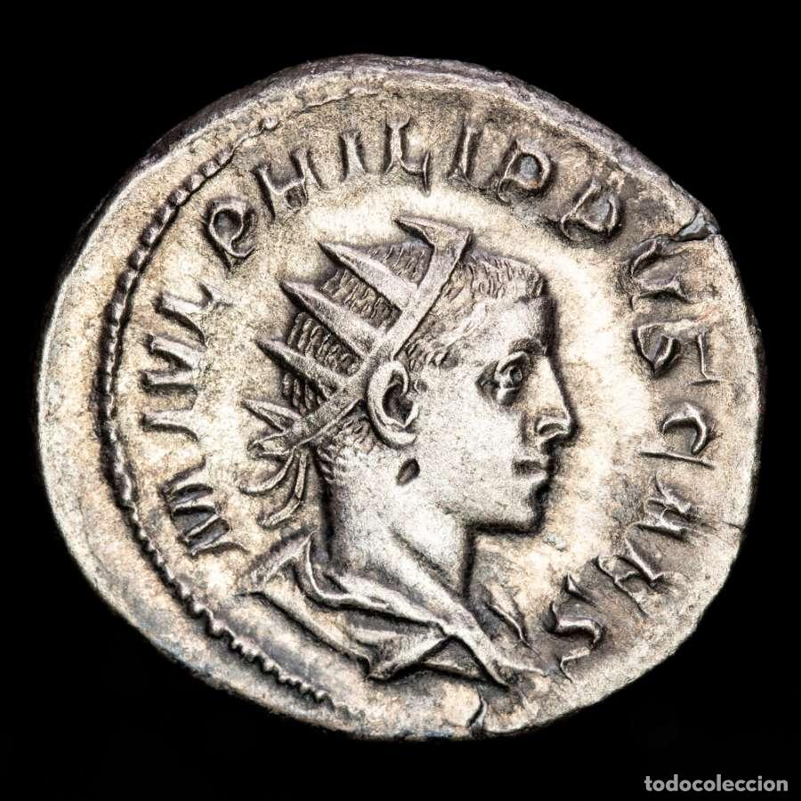 Monedas Imperio romano: Filipo II Cesar - Antoniniano de plata. PRINCIPI IVVENT. Roma.