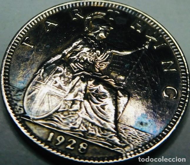 Monedas Imperio romano: farthing de bronce de Gran Breta&ntilde;a, acu&ntilde;ado en el a&ntilde;o 1928 bajo el reinado de Jorge V.