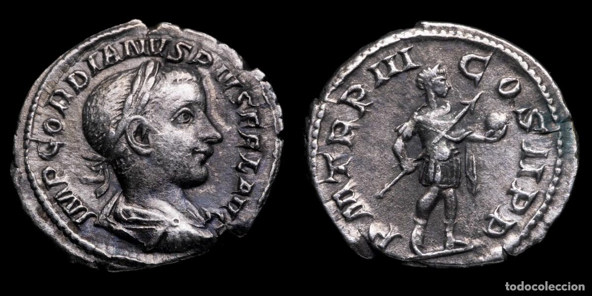 Monedas Imperio romano: Gordian III Denarius - P M TR P III COS II PP - 20 mm / 2,33 gr.