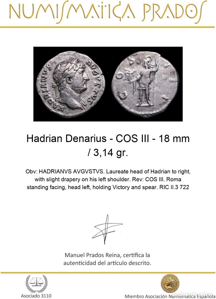 Monedas Imperio romano: Hadrian Denarius - COS III - 18 mm / 3,14 gr. - Foto 2
