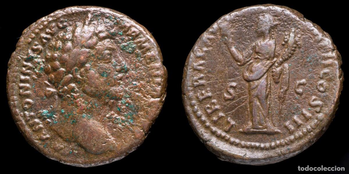 M&uuml;nzen R&ouml;misches Reich: Marcus Aurelius As- LIBERAL AVG TR P XIX IMP II COS III SC - 25 mm / 12,32 gr.