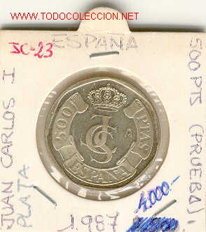 Monedas Juan Carlos I: MONEDA 500 PTS.PRUEBA PLATA 1987