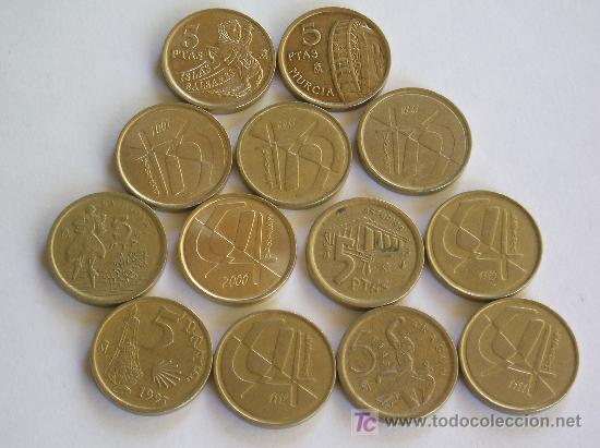 Monedas Juan Carlos I: **LOTE DE,---13 MONEDAS DE 5 PTAS--- CIRCULADAS**LOS ULTIMOS DUROS ACU&Ntilde;ADOS ANTES DEL EURO