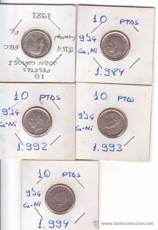 Monedas Juan Carlos I: 5 monedas de 10 pesetas en estado de conservaci&oacute;n EC+ y SC