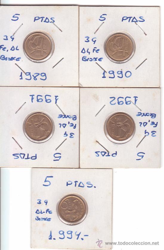 Monedas Juan Carlos I: 5 monedas de 5 pesetas de 1989, 1990, 1991, 1992 y 1994 en estado de conservaci&oacute;n SC