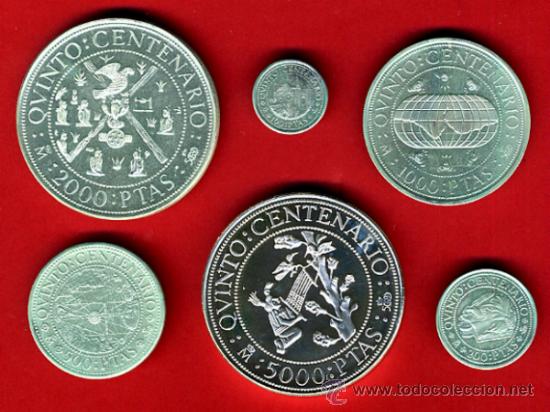 Monedas Juan Carlos I: LOTE DE 6 MONEDAS 5º CENTENARIO 1990 , + 5000 PESETAS , PLATA , ORIGINAL, AL37 - Foto 2 - 37984926