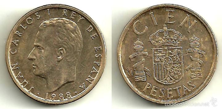 Moedas Juan Carlos I: (ERROR / VARIANTE) 100 PESETAS DE 1988 (BUSTO GRANDE. FECHA PEGADA AL CANTO)