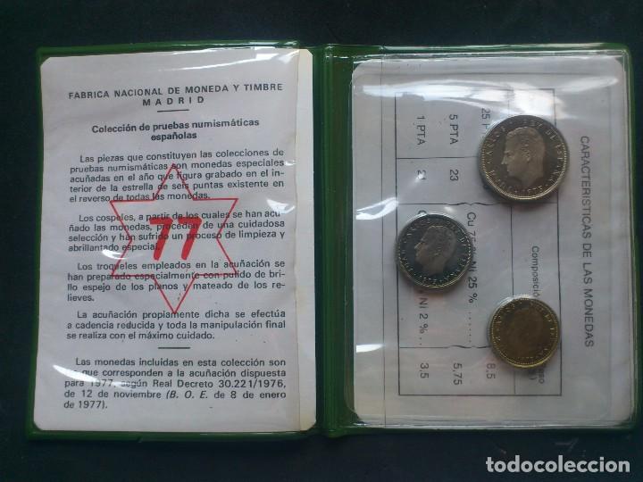 Coins Juan Carlos I: PRUEBAS NUMISMATICAS, A&Ntilde;O 1977. FABRICA NACIONAL DE MONEDA Y TIMBRE. TRES MONEDAS 25 - 5 - 1- PTA