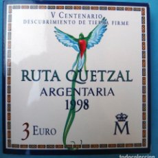 Monedas Juan Carlos I: MONEDA 3 EURO EUROS 1998, DESCUBRIMIENTO TIERRA , RUTA QUETZAL ARGENTARIA , EN CARTERA , ORIGINAL. Lote 166186610