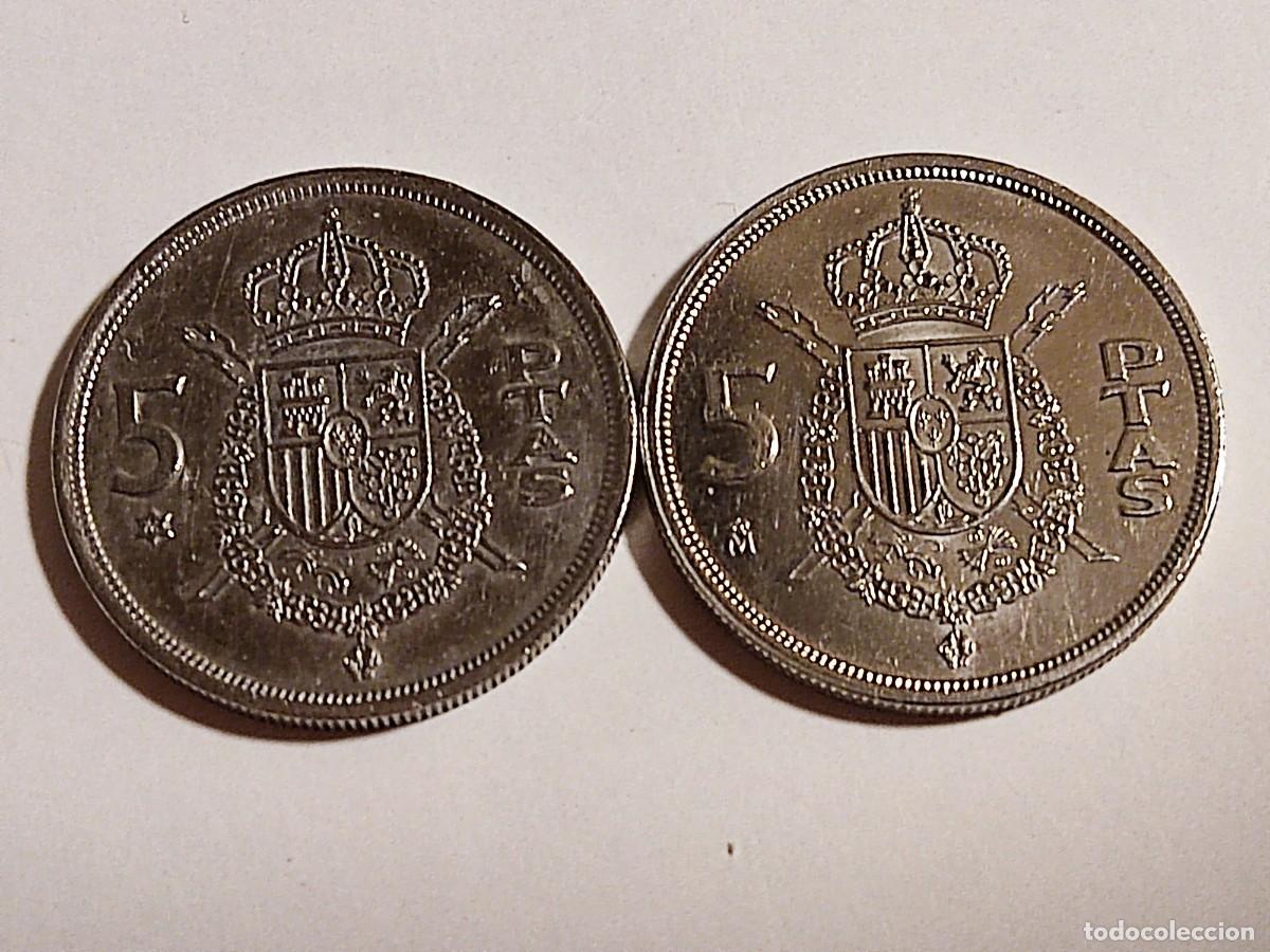 Monedas Juan Carlos I: 2 monedas de 5 pesetas, variante ESTRELLA y variante M (FNMT).