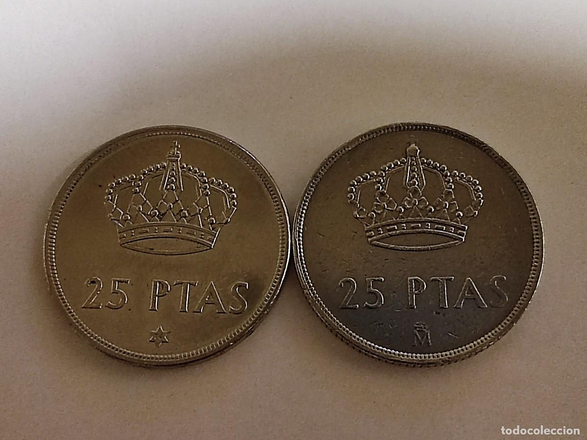 Monedas Juan Carlos I: 2 monedas de 25 pesetas, variante ESTRELLA y variante M (FNMT).
