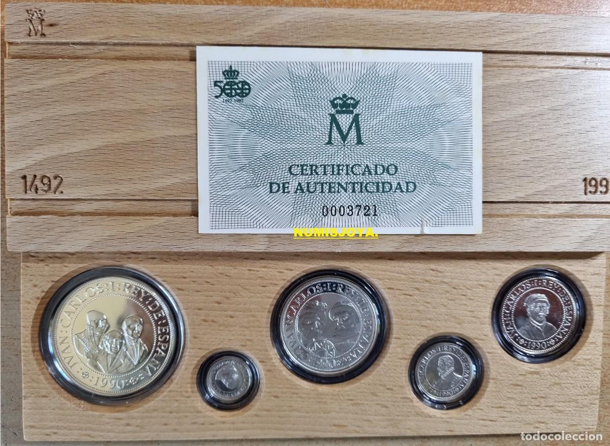 M&uuml;nzen unter Juan Carlos I: SERIE 2&ordf; del V CENTENARIO 1990. 5 MONEDAS PLATA de 100, 200, 500, 1000 Y 2000 PESETAS. FDC y PROOF.