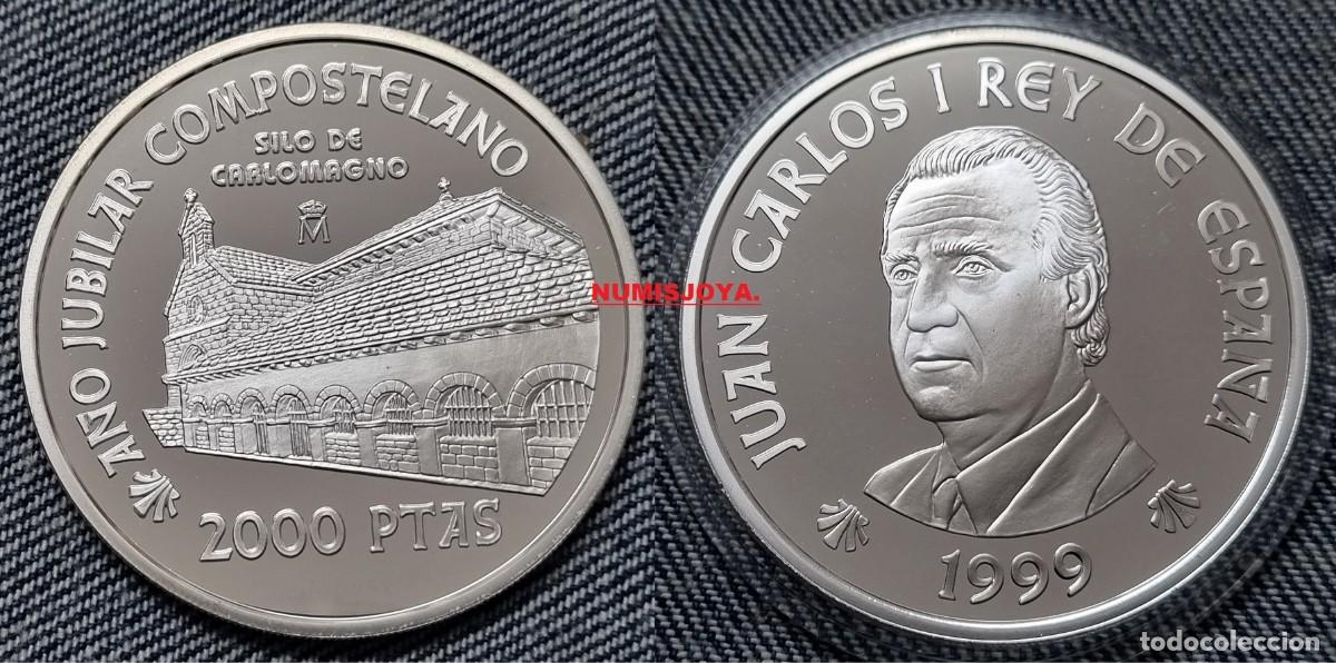 M&uuml;nzen unter Juan Carlos I: 2000 PESETAS PLATA 1999 A&Ntilde;O JUBILAR COMPOSTELANO SILO DE CARLOMAGNO. Peso 27 gr. 40 mm.