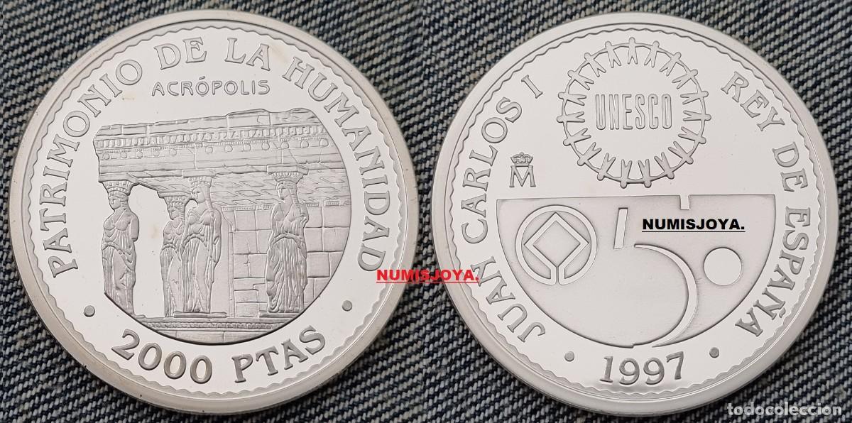M&uuml;nzen unter Juan Carlos I: 2000 PESETAS PLATA A&Ntilde;O 1997 PATRIMONIO MUNDIAL UNESCO 8 REALES ACROPOLIS. Peso 27 gr. 40 mm.