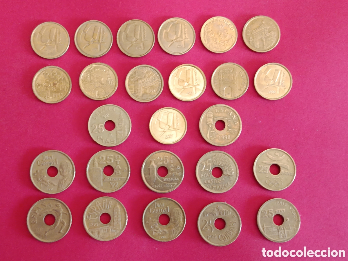 Monedas Juan Carlos I: JUAN CARLOS I. LOTE DE 25 MONEDAS DE 5 Y 25 PESETAS. TODAS DIFERENTES. CIRCULADAS PERO MBC.
