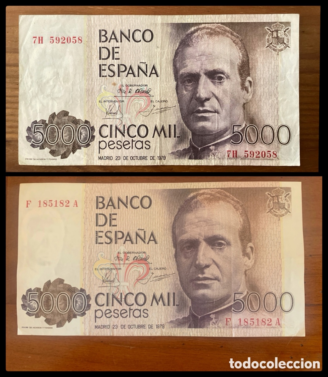 M&uuml;nzen unter Juan Carlos I: 2 billetes de 5.000 Pesetas 1979, Espa&ntilde;a, Rey don Juan Carlos de Borbon y Borbon.