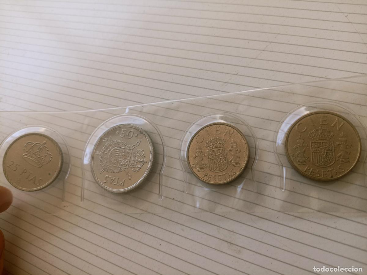 Monedas Juan Carlos I: 25, 50 y pareja de 100 pesetas 1983 flor de lis arriba y abajo