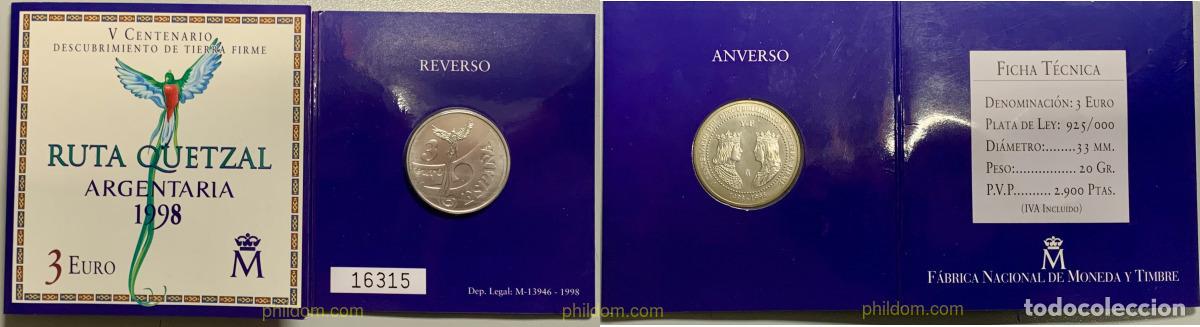 Monedas Juan Carlos I: 3630 ESPA&Ntilde;A 1998 3 EUROS RUTA QUETZAL ARGENTARIA 1998