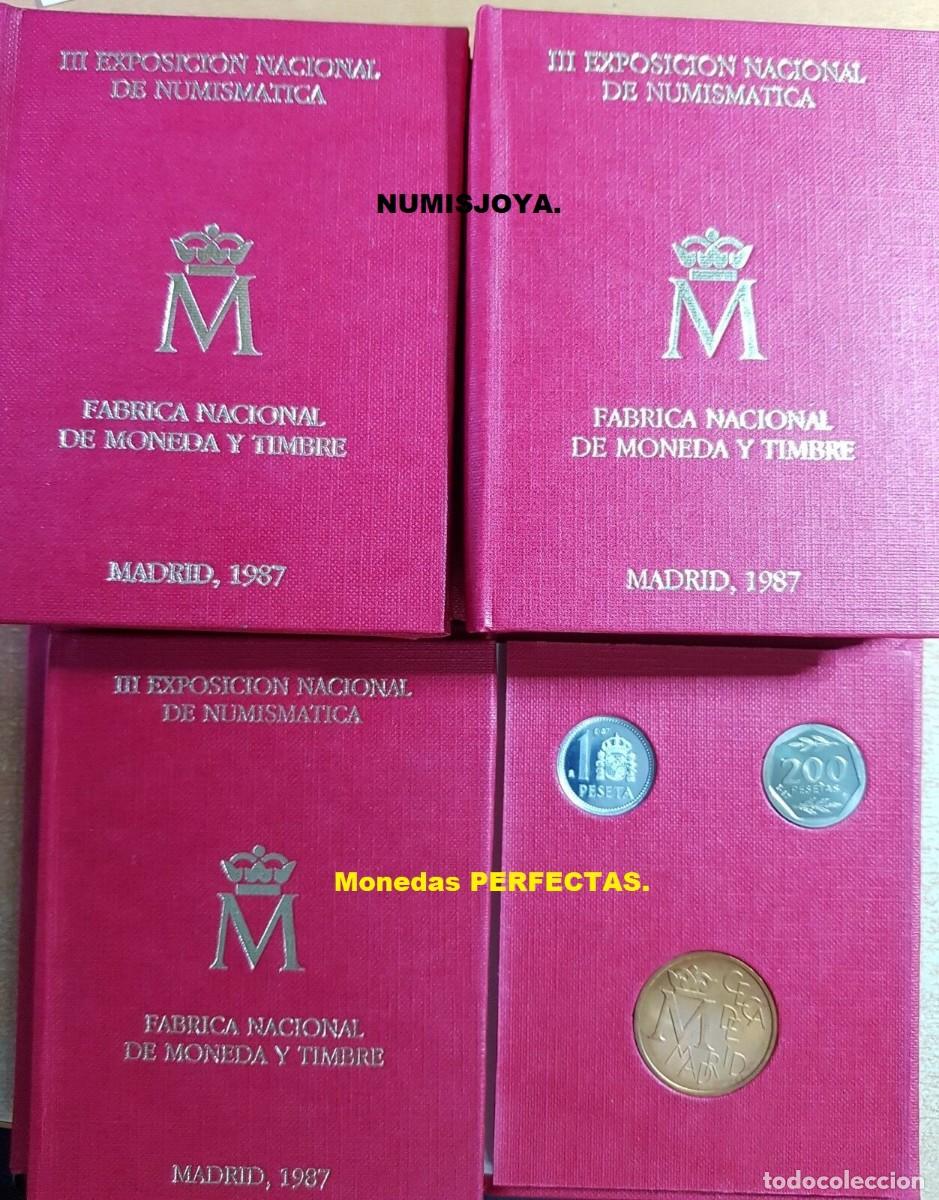 Monete Juan Carlos I: Juan Carlos I. CARTERA OFICIAL III EXPOSICION NACIONAL DE NUMISMATICA 1987. 1 y 200 PESETAS Medalla.