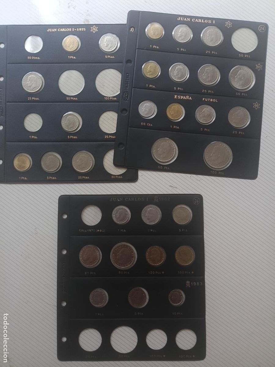 Coins Juan Carlos I: Lote de 3 hojas de &aacute;lbum PARDO con monedas SC 1975-1982