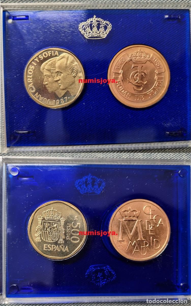 Monedas Juan Carlos I: 2 piezas a&ntilde;o 1987 moneda de 500 pesetas y medalla del 25 Aniversario Bodas JUAN CARLOS y SOFIA.