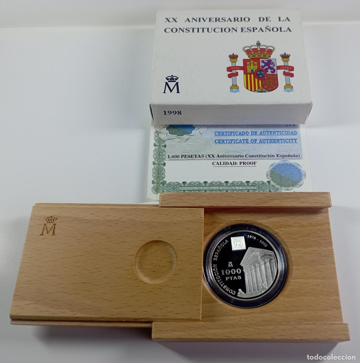 Monedas Juan Carlos I: Moneda de Espa&ntilde;a 1.000 pesetas de 1998 Vig&eacute;simo aniversario de la Constituci&oacute;n Espa&ntilde;ola de plata