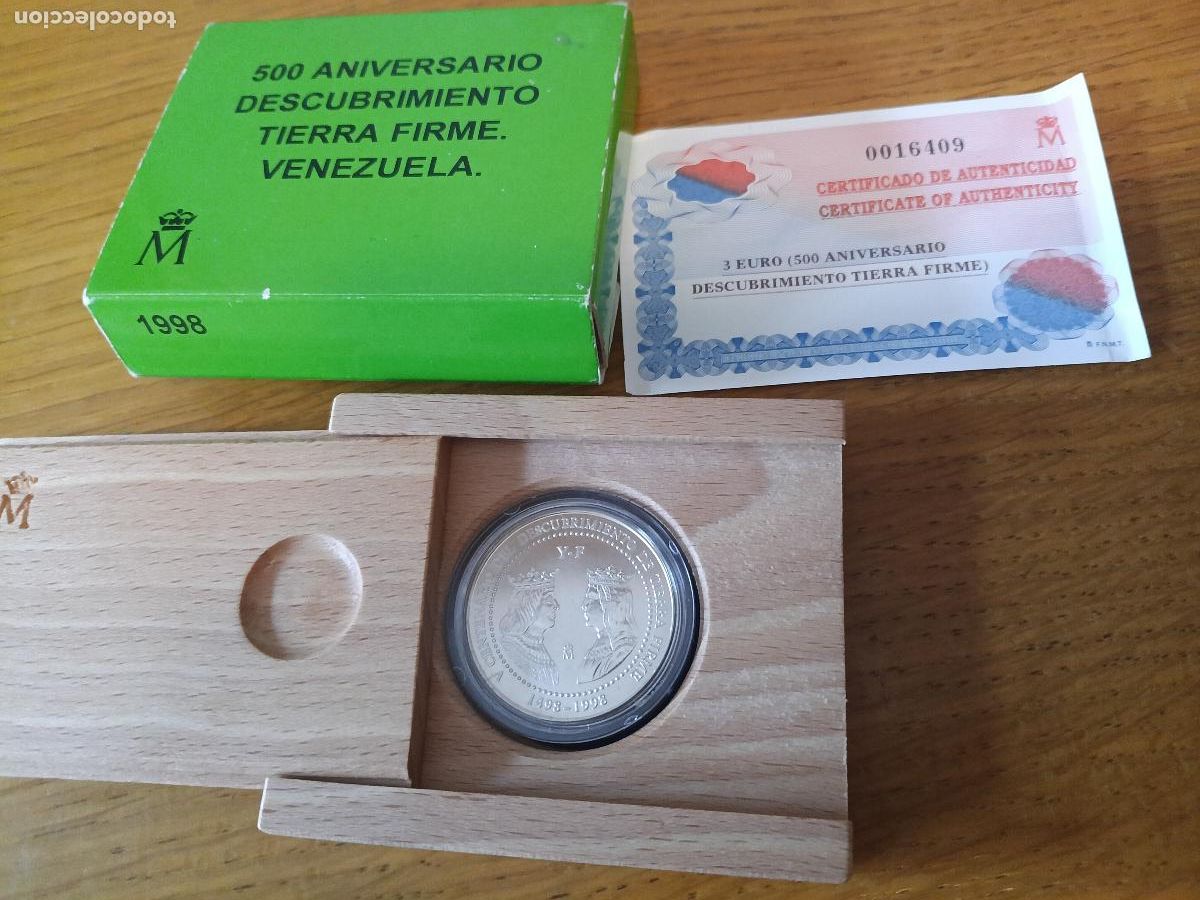 Monedas Juan Carlos I: 3 EUROS 1998 VENEZUELA PLATA 0,925 500 ANIVERSARIO DESCUBRIMIENTO TIERRA FIRME