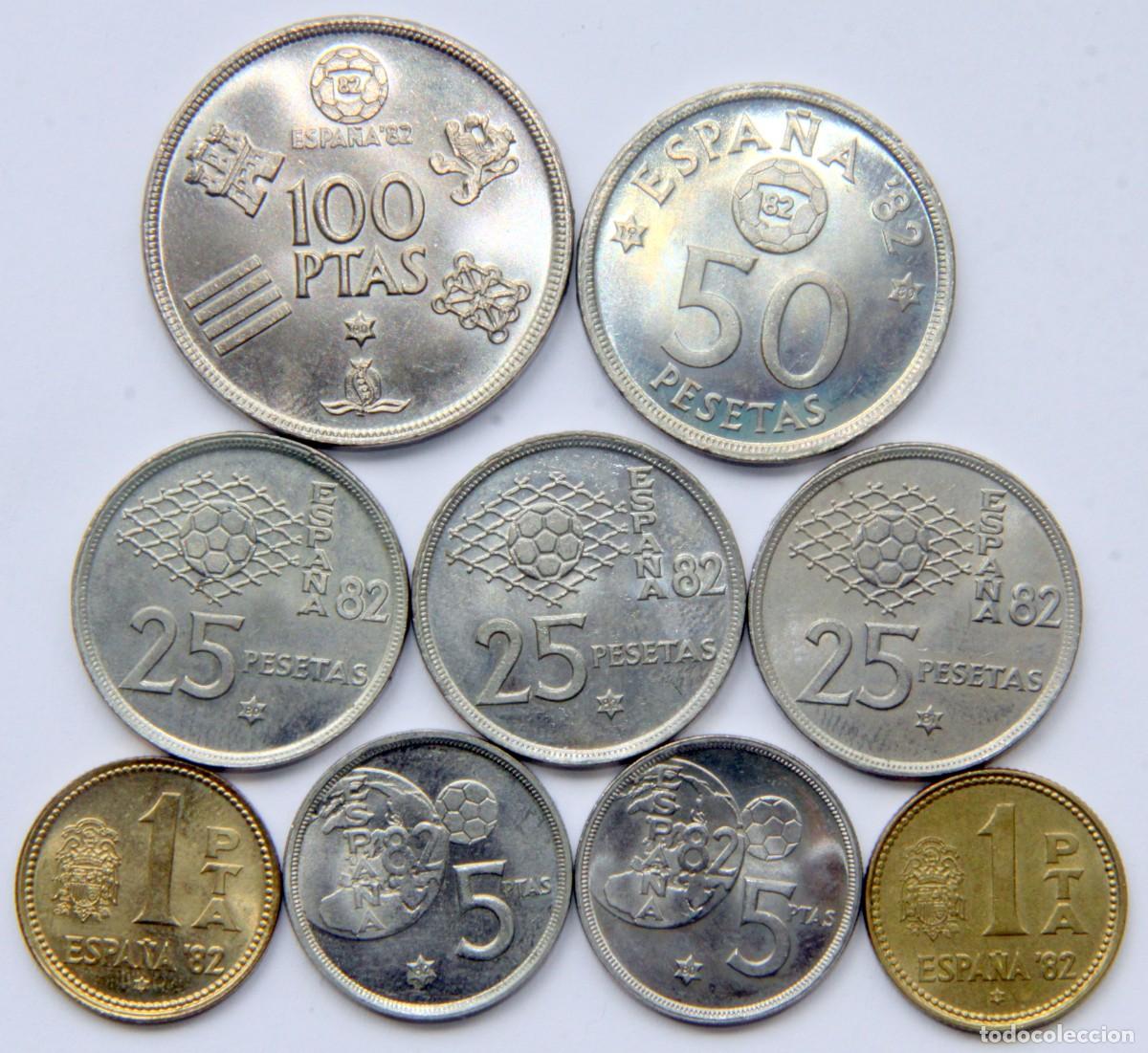 Moedas Juan Carlos I: V044 ESPA&Ntilde;A LOTE 9 MONEDAS JUAN CARLOS I MUNDIAL 82 1980*80*81*82