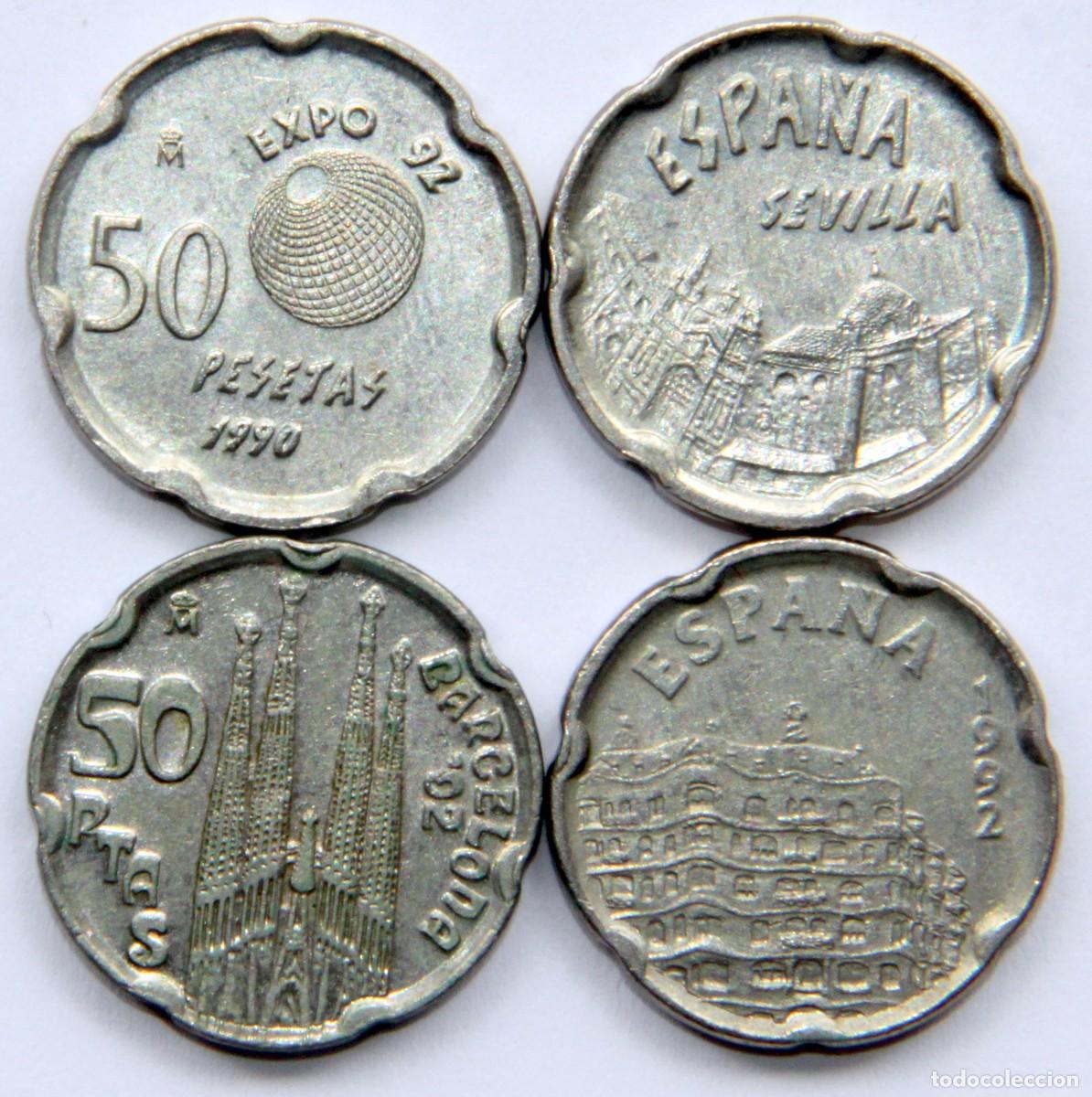 Moedas Juan Carlos I: V052 ESPA&Ntilde;A LOTE 4 MONEDAS JUAN CARLOS I 50 PESETAS SEVILLA/BARCELONA:SAGRADA FAMILIA-CASA MILA 1990